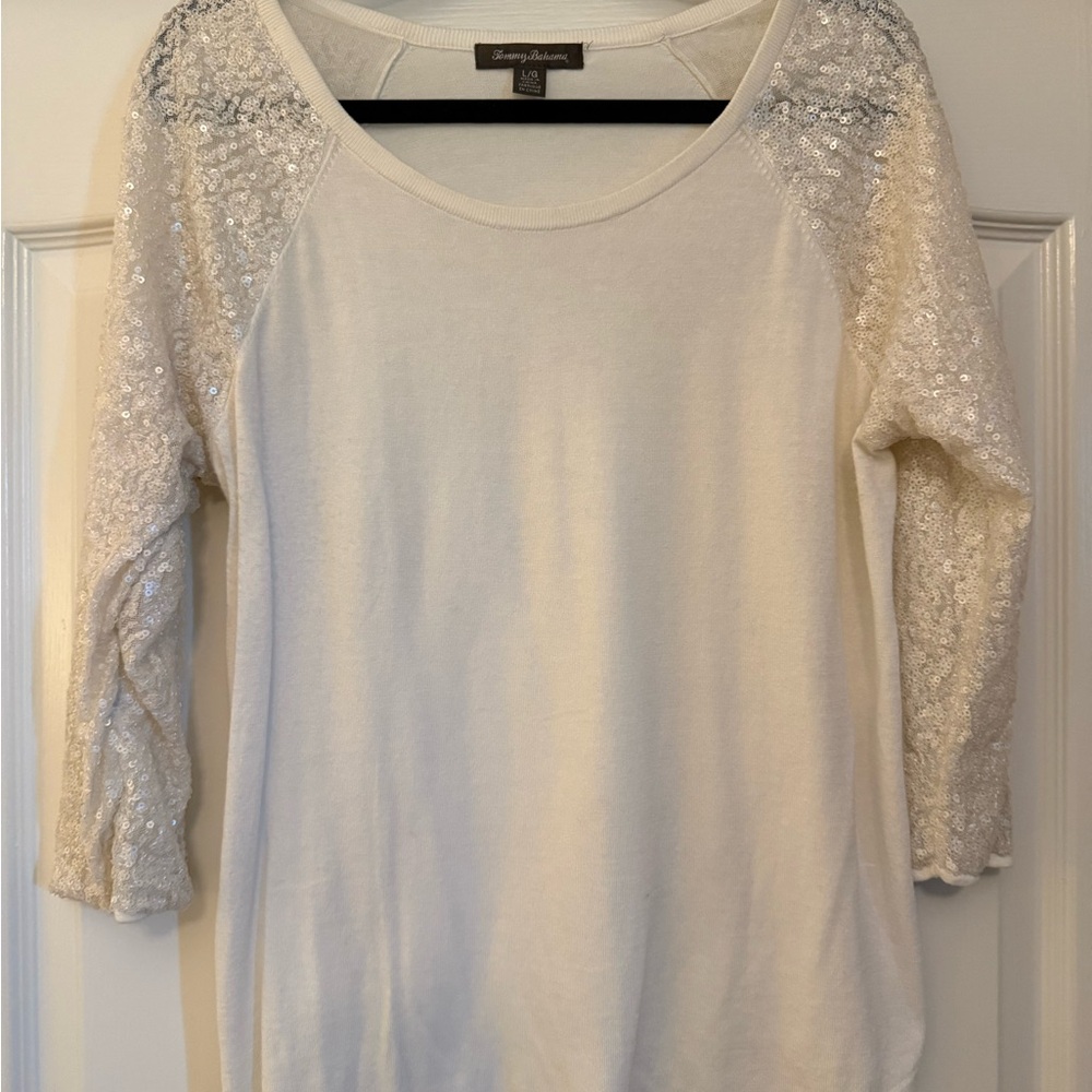 Tommy Bahamas White Sequin Sleeve Top